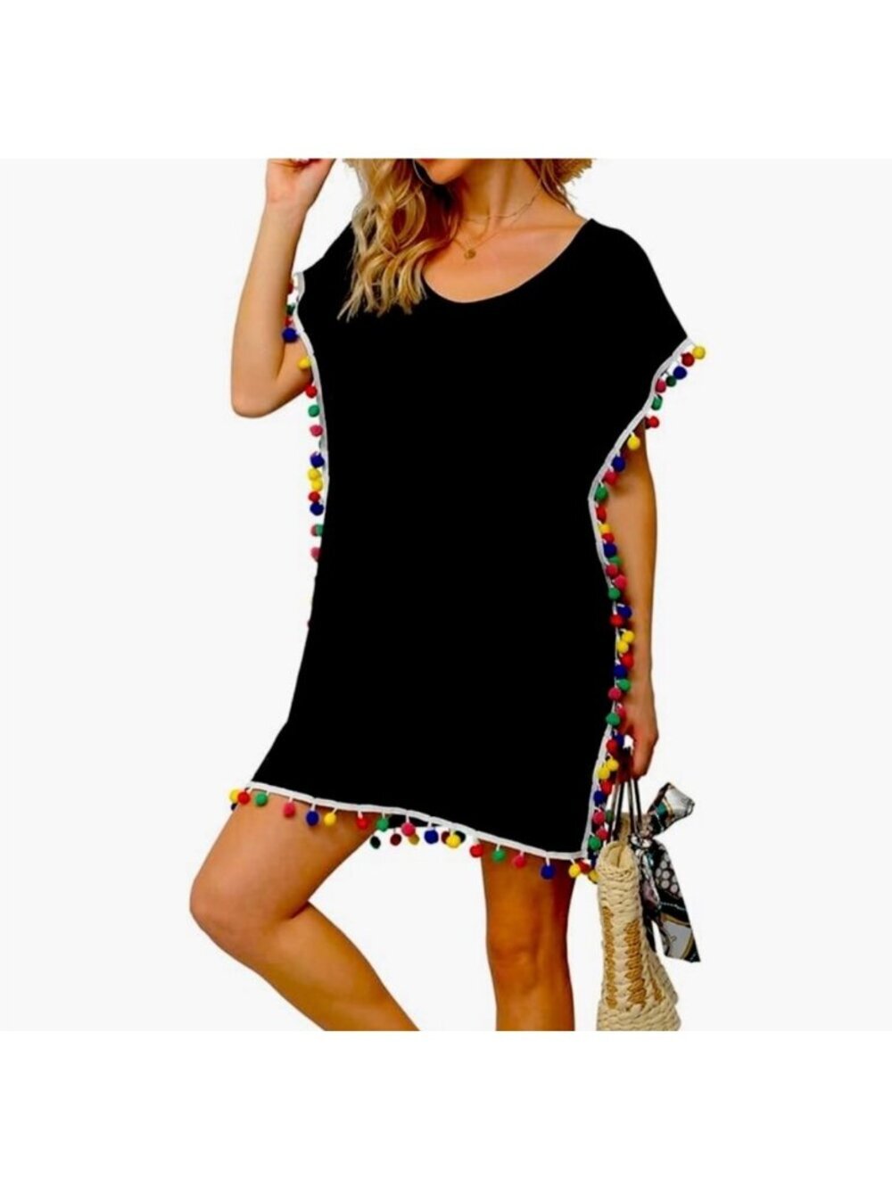 Chic Soul Black Swim Cover With Colorful Pom-Pom Trim & White Crochet Detailing